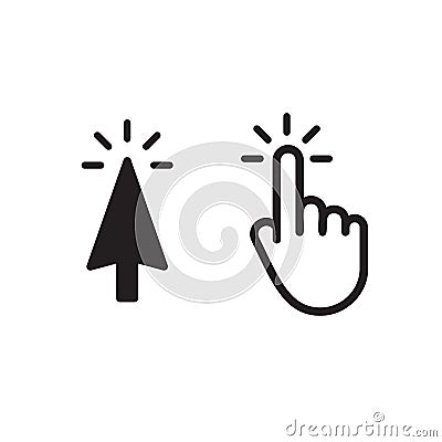 Click button, isolated black arrow, isolated white hand. Interface graphic, web vector icons template. Vector Illustration