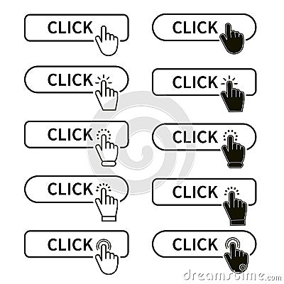 Click button set with hand pointer clicking. Click here web button. Isolated website hand finger clicking cursor vector Vector Illustration