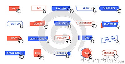 Click button. Web pointer clicking buttons, computer app interface mouse cursor tools. Arrow click ui elements vector Vector Illustration