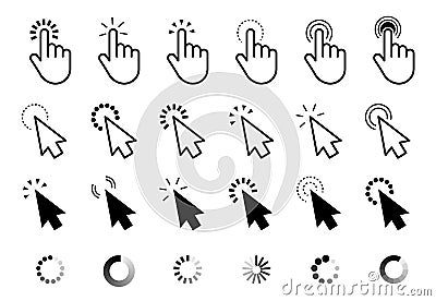 Click cursor set. Computer pointer hand and arrow icon. Press pick action element. Vector web interface elements. Vector Illustration