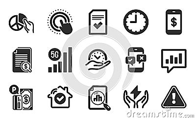 Click hand, Checked file and Pie chart icons set. Financial documents, 5g wifi and Time signs. Vector Vector Illustration