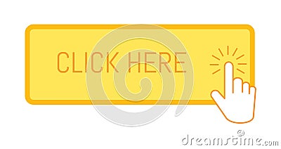 Click here button with hand cursor pressing on white Vector Illustration