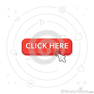 Click here button with hand pointer clicking. Vector illustration on a white background Vector Illustration