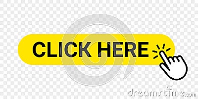 Click here vector web button. Isolated website buy or register yellow bar icon with hand finger clicking cursor Vector Illustration