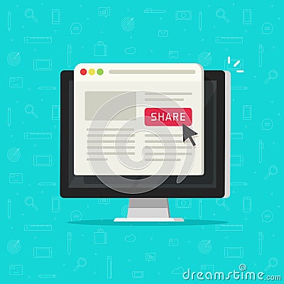 Click to share button on computer, sharing website page on browser window on pc vector illustration, flat cartoon Vector Illustration