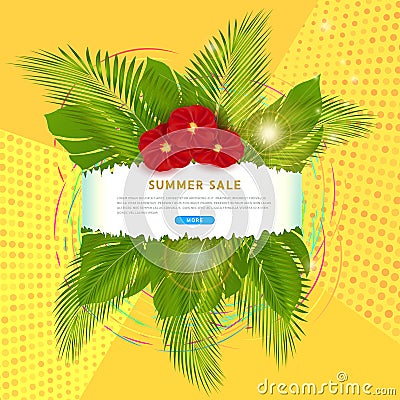 Clickable banner for summer sale with place for text, tropical palm leaves and exotic red flowers on abstract yellow background Vector Illustration