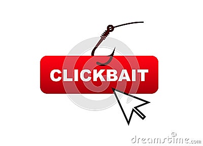 Clickbait concept with hook and cursor over red rectangular button illustrating misleading tactics Vector Illustration