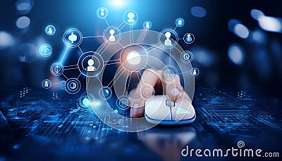 Clicking and digital interaction, featuring elements like computer mice, click icons, and touchscreens, symbolizing digital Stock Photo