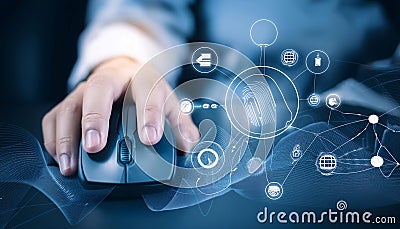 Clicking and digital interaction, featuring elements like computer mice, click icons, and touchscreens, symbolizing digital Stock Photo