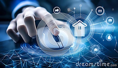 Clicking and digital interaction, featuring elements like computer mice, click icons, and touchscreens, symbolizing digital Stock Photo