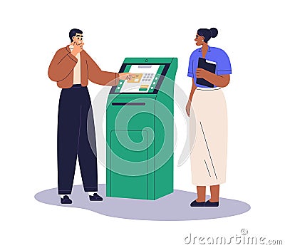 Client at ATM self-service banking machine. Customer, assistant at automated teller machine. Help, assistance with Vector Illustration