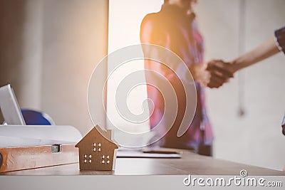 Client and contractor handshake after done deal to employment for renovation home Stock Photo