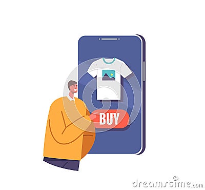 Client Male Character Orders Personalized T-shirt Online, Chooses Design, Specifies Shirt Color And Size, Uploads Image Vector Illustration