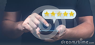 Client satisfaction survey. Positive customer opinion. Five star, Good service, hotel, application, company evaluation. customer Stock Photo