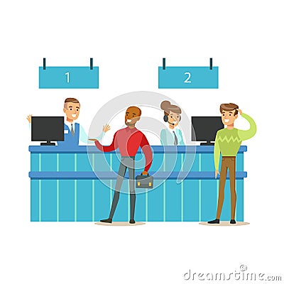 Client Service Counter With Bank Visitors And Workers. Bank Service, Account Management And Financial Affairs Themed Vector Illustration