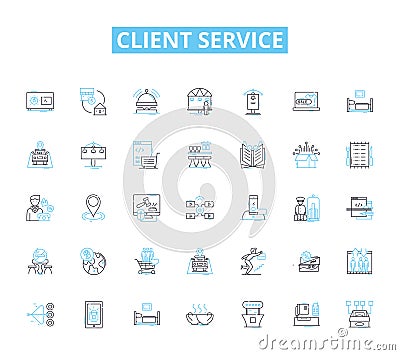 Client service linear icons set. Support, Help, Assistance, Compassion, Empathy, Relationship, Communication line vector Vector Illustration