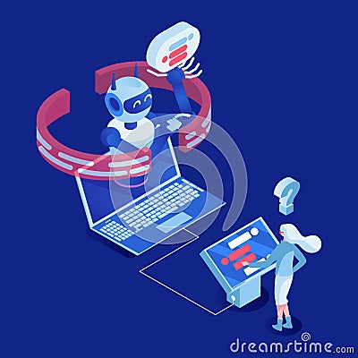 Client use chatbot vector isometric illustration. Office employee working with digital display 3d cartoon character Vector Illustration