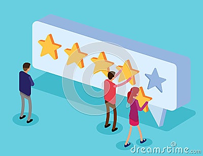 Clients choosing satisfaction rating and leaving positive review. Character and five star feedback. Flat isometric vector style Vector Illustration