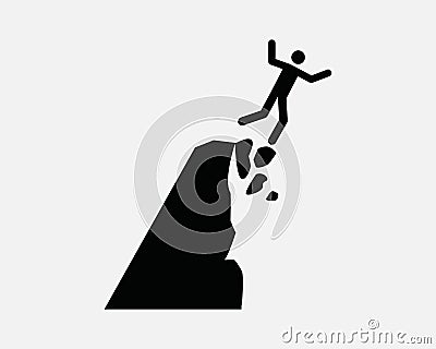 Cliff Collapse Icon Landslide Mountain Break Off Man Falling Vector Black White Silhouette Symbol Sign Graphic Clipart Artwork Vector Illustration