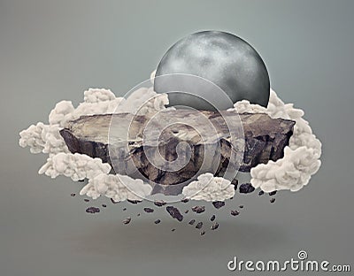 Cliff floating surrounded by clouds near the moon Stock Photo