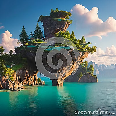 Cliff Hanging Floating Island. Generative AI Stock Photo