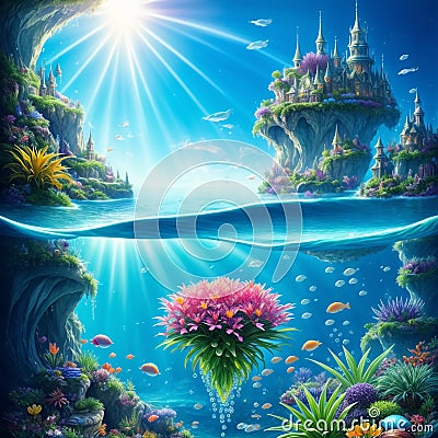 Cliff Hanging Floating Island. Underwater life. Generative AI Stock Photo