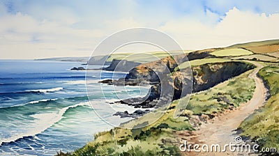 Cliff Path Watercolour Painting British Landscapes With Lively Seascapes Cartoon Illustration