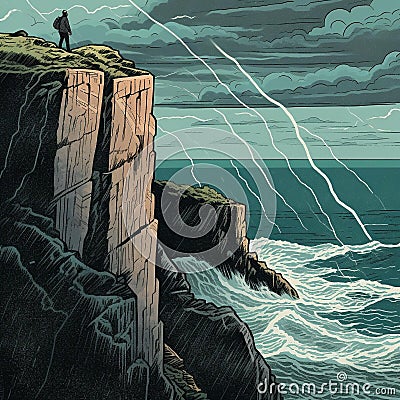 Cliffhanger - A person standing on a crumbling cliff edge with a stormy sea below and lightning striking in the background. Cartoon Illustration