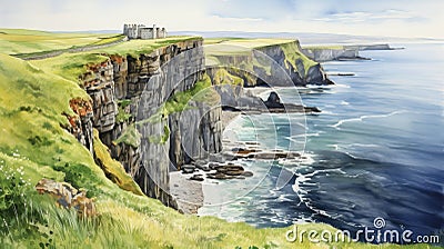Cliffs Of Ireland: Majestic Watercolor Painting Of Ocean And Landscape Cartoon Illustration