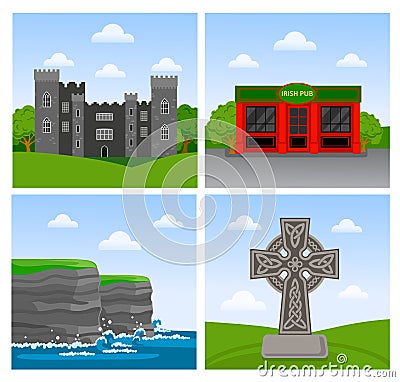 Cliffs of Moher, Malahide castle, irish pub, celtic cross. Vector Illustration