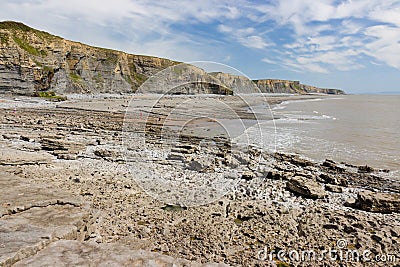 Cliffs, rock formations and beach at Southerndown on Wales` Glamorgan Heritage Coast Stock Photo