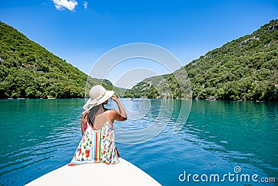 cliffy rocks of Verdon Gorge at lake of Sainte Croix, Provence, France, Provence Alpes Cote d Azur, blue green lake with Stock Photo