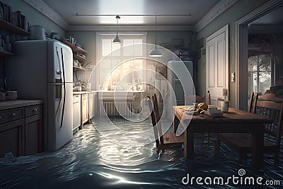 Climate change concept. Flood illustration. Flooded house inside. Generative AI Cartoon Illustration