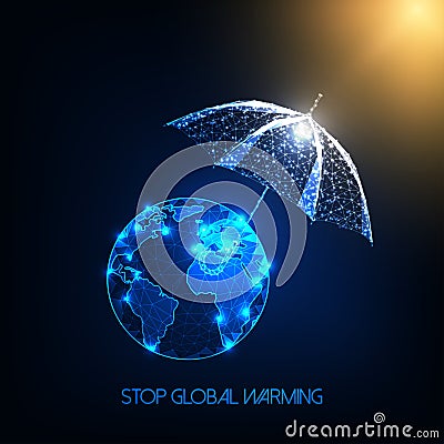 Climate change, concept with sun rays and umbrella protecting the planet Earth from global warming Cartoon Illustration