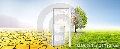 Climate change from desert tor green meadow Stock Photo