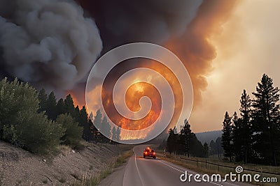 climate change-driven wildfire destroys forest, smoke visible from miles away Stock Photo