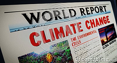 Climate change and environmental crisis newspaper on mobile tablet screen Cartoon Illustration