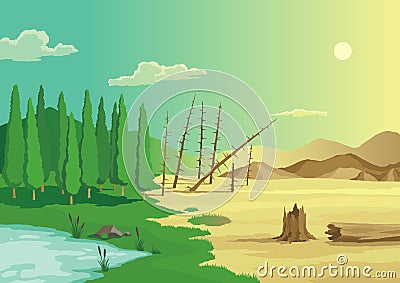 Climate change with land degradation. Global desertification environmental problems. Soil erosion. Global warming Vector Illustration