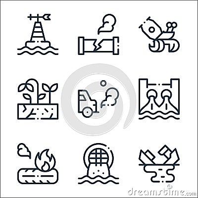 Climate change line icons. linear set. quality vector line set such as oil spill, urban, tire, hydro power, car, drought, hermit Vector Illustration