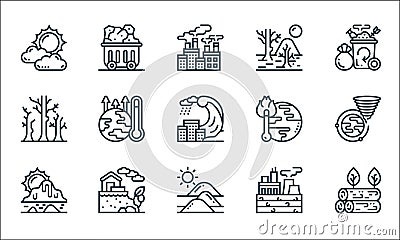 Climate change line icons. linear set. quality vector line set such as deforestation, desert, melting, fossil fuels, landslide, Vector Illustration