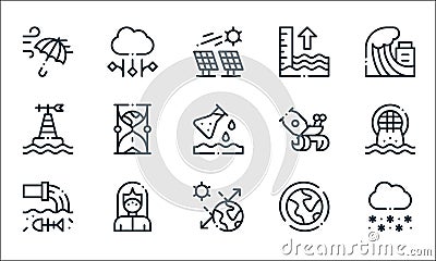 climate change line icons. linear set. quality vector line set such as snowflake, solar, wastes, ozone layer, mask, monitoring, Vector Illustration