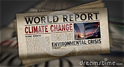 Climate change world report retro newspaper printing press Cartoon Illustration