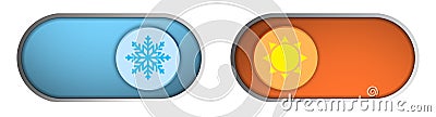 Climate control regulator. Button with sign of cold, snowflakes and heat, sun. Sliders with signs of acceptance and rejection. Vector Illustration