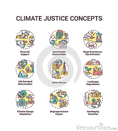 Climate justice concept icons set Cartoon Illustration