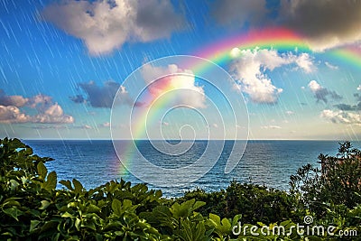 Climate and weather changes concept with rain and rainbow. Stock Photo