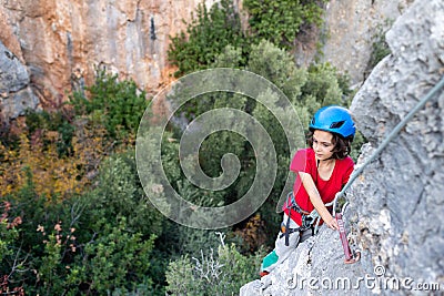 climber boy. the child trains in rock climbing Stock Photo