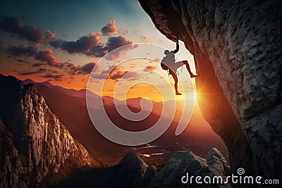 Climber climb mountain behind which the sun rises, climber are moving towards the mountains, generated ai Stock Photo