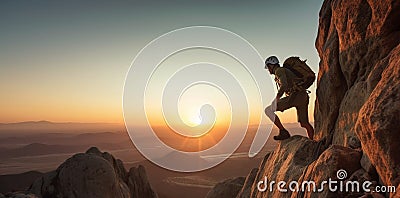 Climber climb mountain landscape behind which the sun rises, climber are moving towards the mountains, generated ai Stock Photo