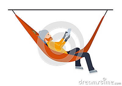 Climber hiking, tourist resting in a hammock hanging Vector Illustration