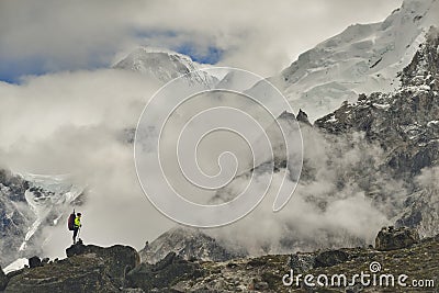 Climber on Khumbu Valley. Himalaya, Nepal. Stock Photo